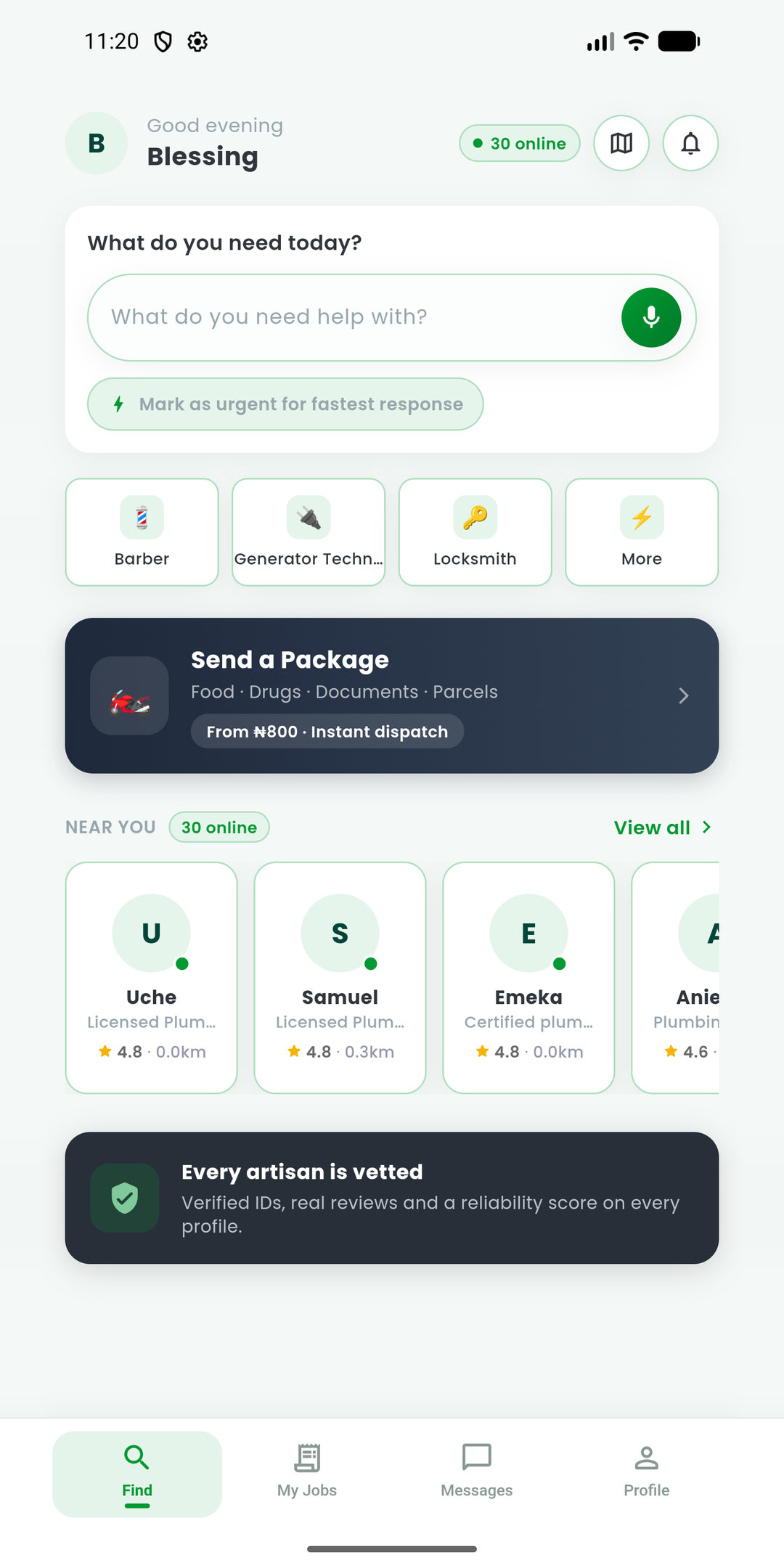 DailyPay customer home screen — find artisans near you
